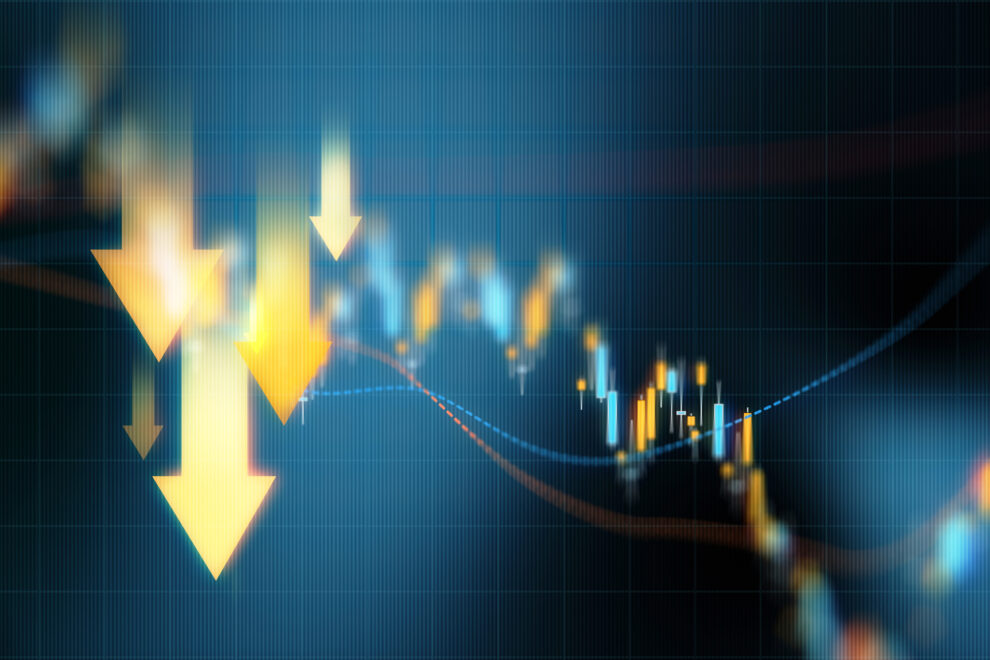 Investment And Finance Concept Yellow Down Arrows Over Blue Financial Graph Background
